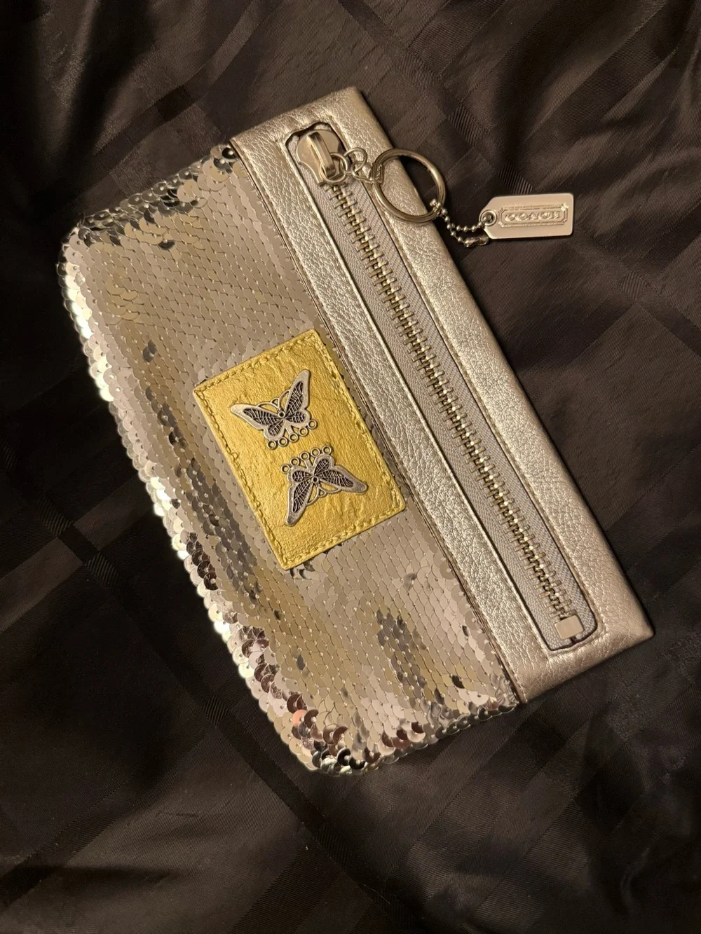Coach Poppy Silver Sequin XL Spotlight Wristlet – Upcycled Art Piece 🦋✨